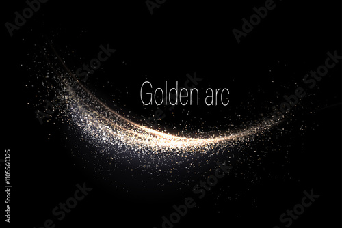 Isolated shiny gold ribbon with small tinsel on black background, design element.