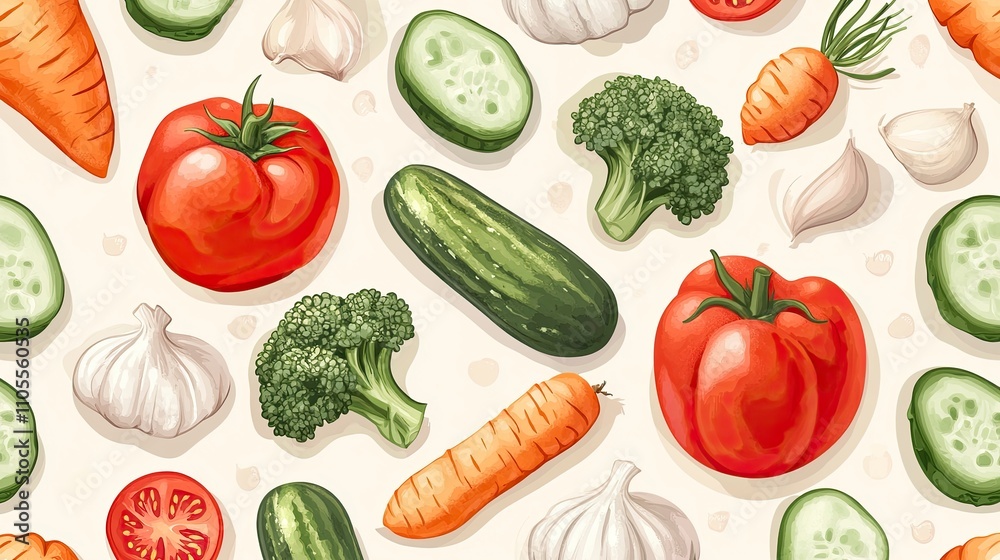 Food background, vegetable pattern, Healthy tomato, garlic, carrot, bell pepper, broccoli, cucumber icons. llustration. for vegetarians. Food background, vegetable pattern, Healthy tomato, garlic, carrot, bell pepper, broccoli, cucumber icons. llustration. for vegetarians.