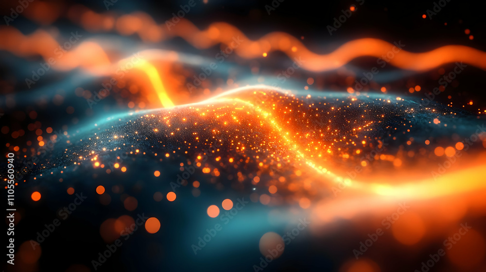 Fototapeta premium Glowing Particles Flow Across Dark Surface, Abstract Art