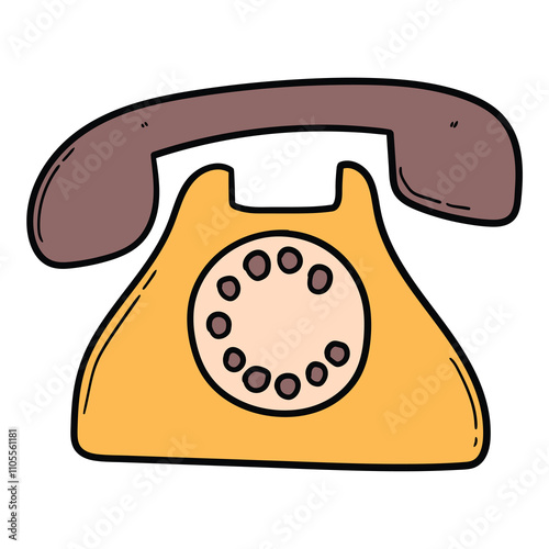 Hand drawn cartoon yellow old landline phone on white background.