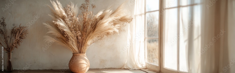 Elegant boho arch with pampas grass in soft natural lighting Elegant boho arch with pampas grass in soft natural lighting
