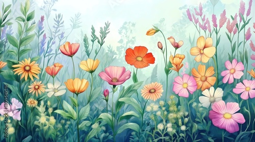 Colorful botanical garden illustration features various flowers in vibrant colors like orange pink yellow, red. Rich green plants fills scene creating spring summer atmosphere. Botanical garden mural photo