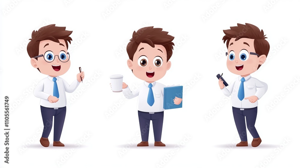 Cheerful Cartoon Character Engaged in Office Activities and Tasks Cheerful Cartoon Character Engaged in Office Activities and Tasks