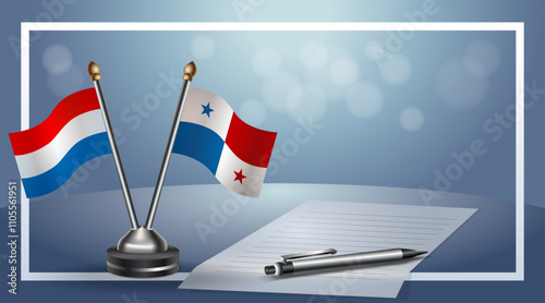 Netherlands and Panama Small national flag on bokeh background, cooperative relationship
