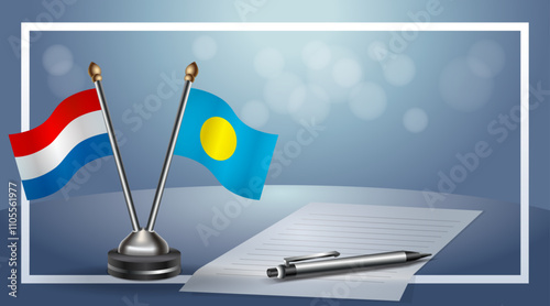 Netherlands and Palau Small national flag on bokeh background, cooperative relationship
