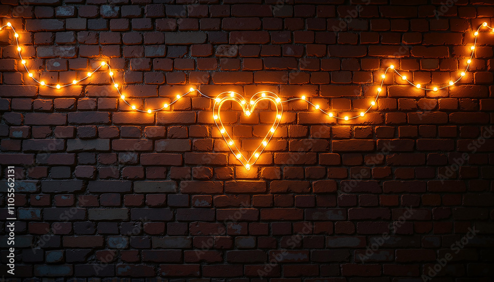 Neon heart-shaped lights on brick wall, romantic atmosphere, cozy decoration, Valentine's Day Neon heart-shaped lights on brick wall, romantic atmosphere, cozy decoration, Valentine's Day