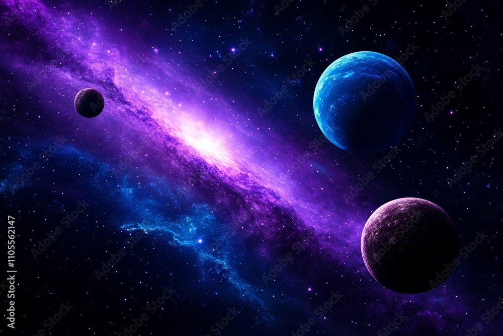 Obraz premium Stunning Galactic Scene with Planets and Vibrant Purple and Blue Nebula in Outer Space