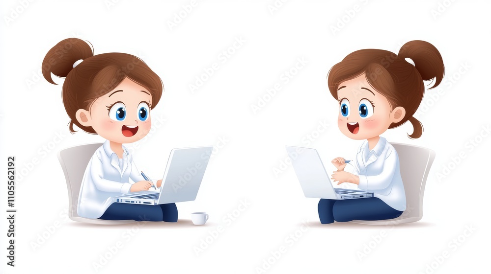 Female Cartoon Character Working on Computer with Smiling Expression Female Cartoon Character Working on Computer with Smiling Expression