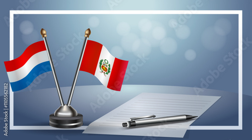 Netherlands and Peru Small national flag on bokeh background, cooperative relationship

