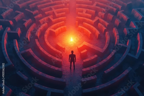 A figure looking down at a maze from above, strategically planning their route toward a glowing goal