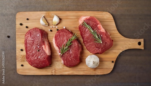 Raw beef steaks seasoned with rosemary, garlic, and peppercorns on a wooden board photo
