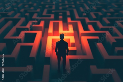 A figure looking down at a maze from above, strategically planning their route toward a glowing goal