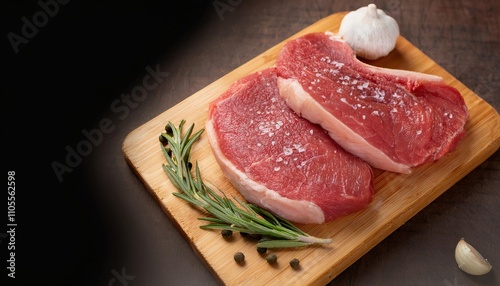 Raw beef steaks seasoned with rosemary, garlic, and peppercorns on a wooden board photo