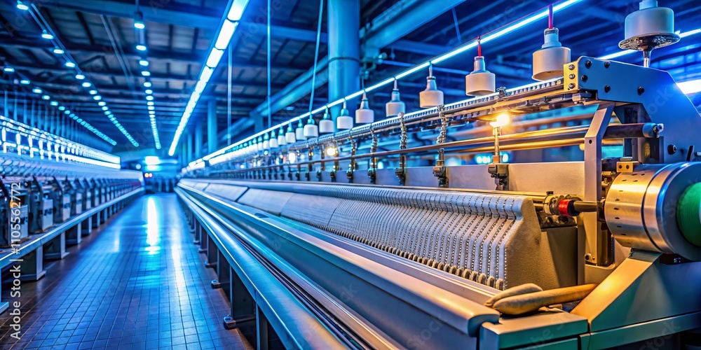 Fototapeta premium Night Photography of a Dual System Flat Knitting Machine with One Carriage in an Industrial Setting, Showcasing Intricate Details and Vibrant Lighting Effects