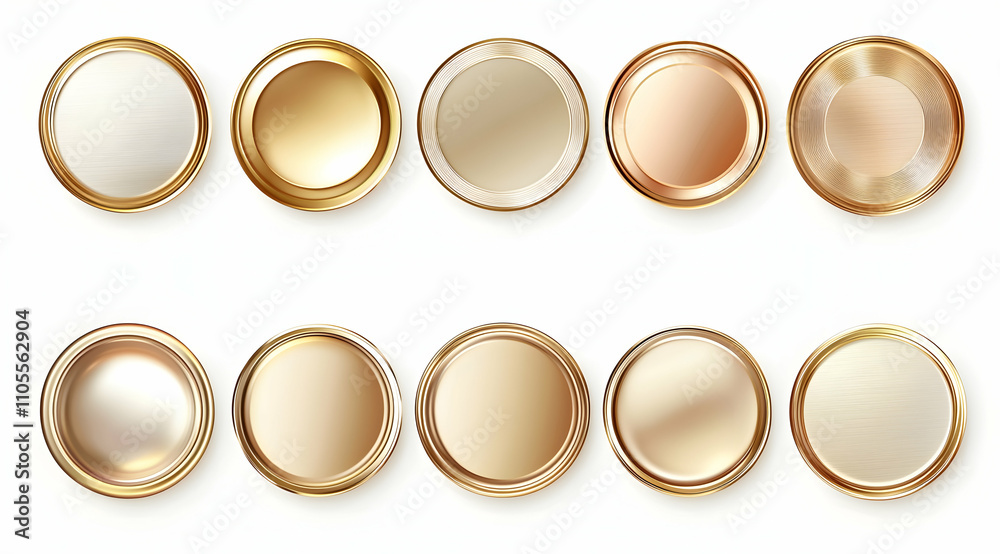 Set of golden round and oval labels, emblems or badge icons isolated on a white background with gold award medals in vector design. Set of golden round and oval labels, emblems or badge icons isolated on a white background with gold award medals in vector design.