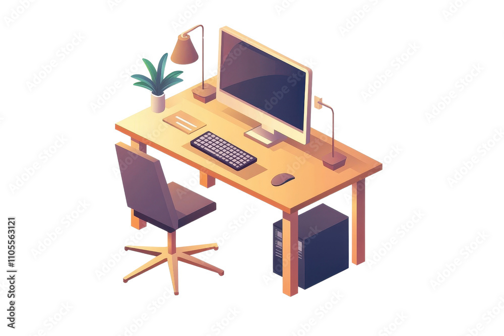 A modern desk with a computer, chair, lamp, and potted plant, designed for a cozy workspace environment. A modern desk with a computer, chair, lamp, and potted plant, designed for a cozy workspace environment.