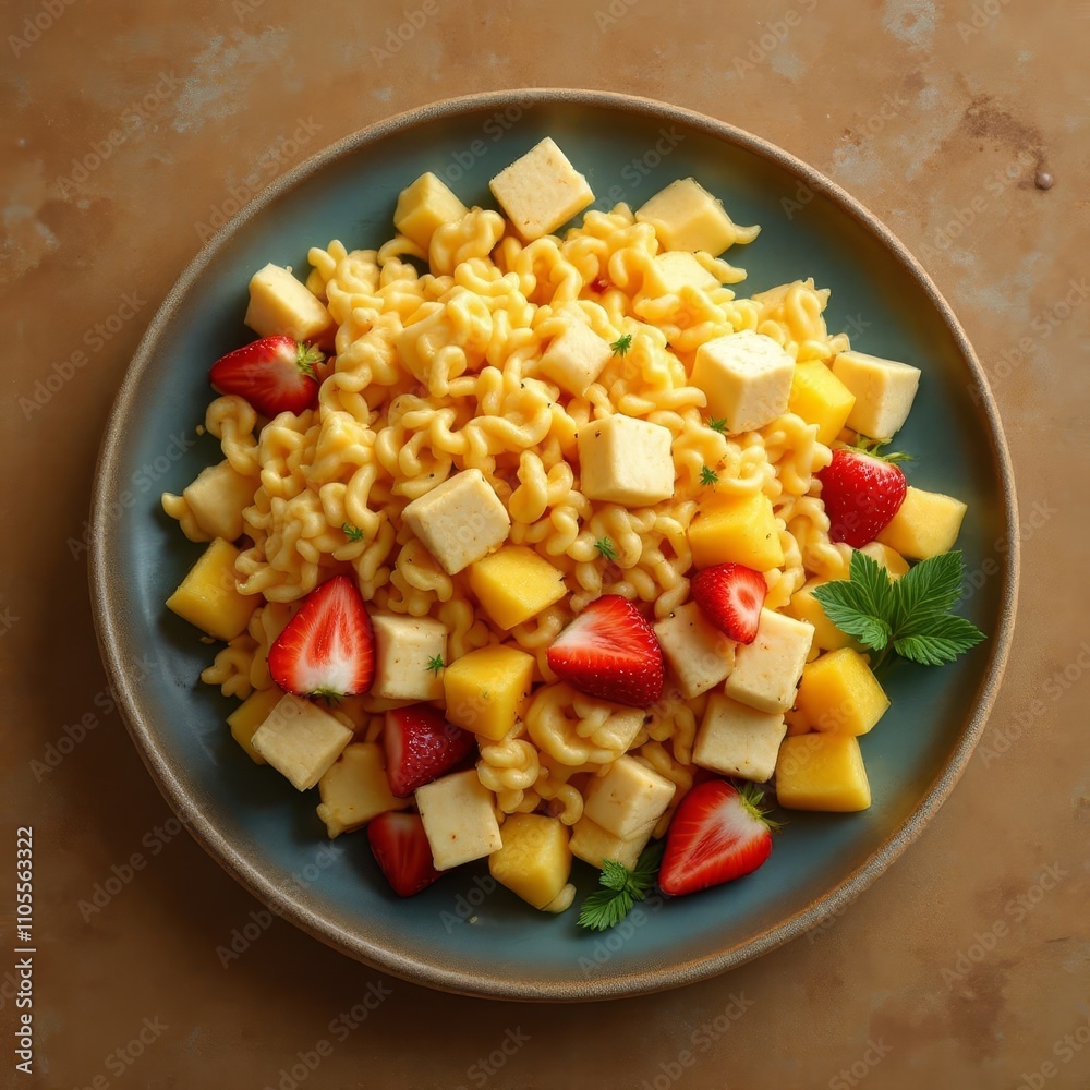 Colorful tofu and fruit salad, a healthy aerial view meal. Colorful tofu and fruit salad, a healthy aerial view meal.