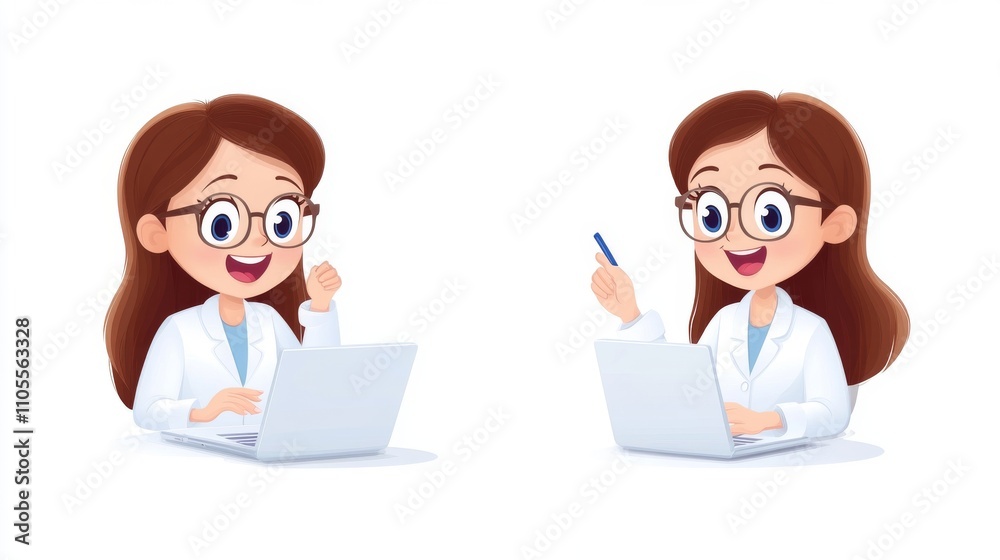 Female Cartoon Character Engaged in Work Activities at Laptop Female Cartoon Character Engaged in Work Activities at Laptop