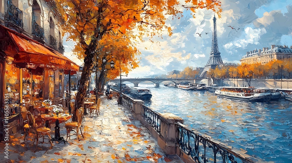 Obraz premium Autumn embankment of the Seine with a Eifel tower in the background. Impressionism art and travel concept. Oil painting for wallpaper, poster, banner 