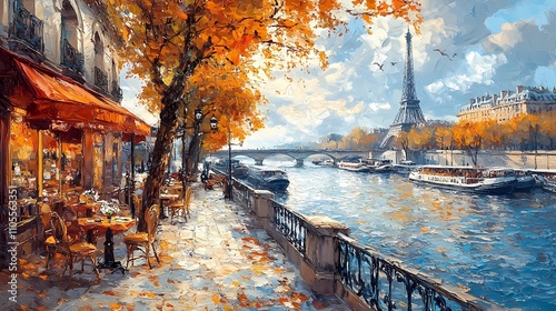 Fototapeta Naklejka Na Ścianę i Meble -  Autumn embankment of the Seine with a Eifel tower in the background. Impressionism art and travel concept. Oil painting for wallpaper, poster, banner	