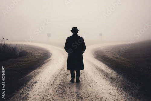 A shadowy figure at a fork in the road with unclear signs, representing confusion in decision-making
