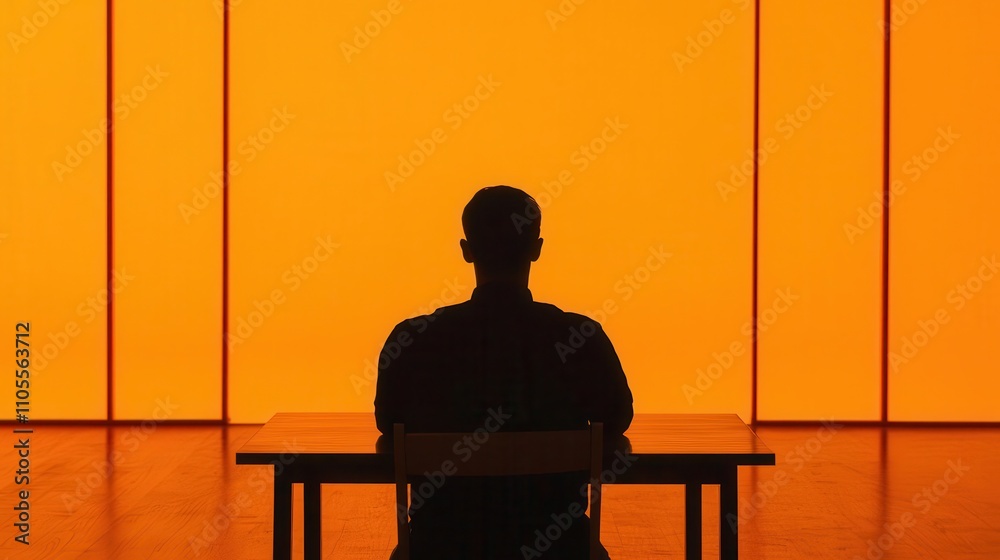 Obraz premium A silhouette sitting at a table with many open doors in the background, reflecting on life s options