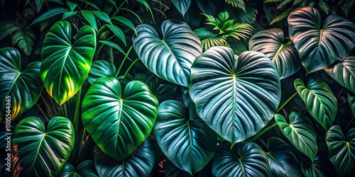 Night Photography of Monstera Dubia and Satin Pothos in an Indoor Jungle Setting with Soft Ambient Light and Rich Shadows, Showcasing Their Unique Leaf Patterns and Textures photo