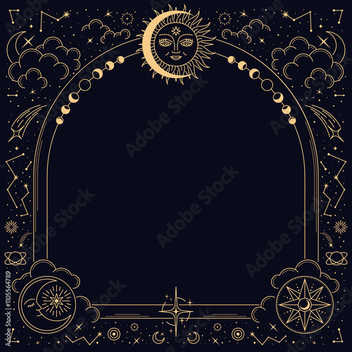 Bohemian astrology celestial border or mystic Tarot frame, vector background. Magic bohemian astrology symbols of esoteric, occult and witchcraft with celestial stars constellation, moon and sun
