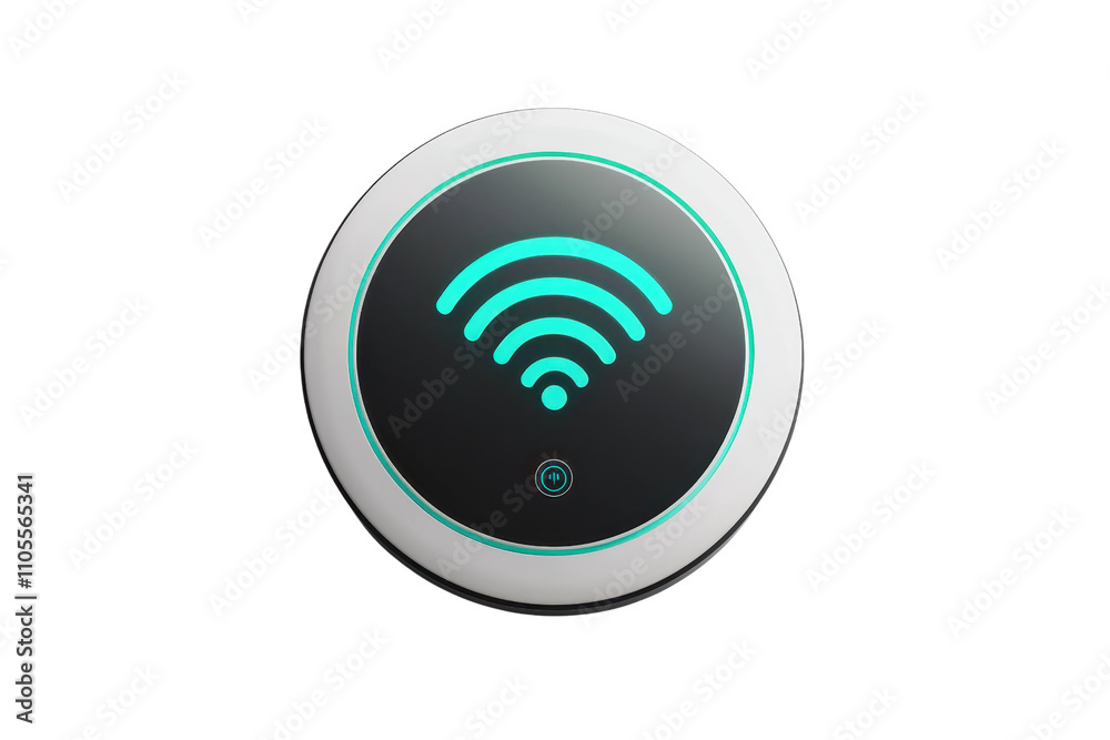 A circular device displaying a glowing Wi-Fi symbol, indicating connectivity and signal strength. A circular device displaying a glowing Wi-Fi symbol, indicating connectivity and signal strength.