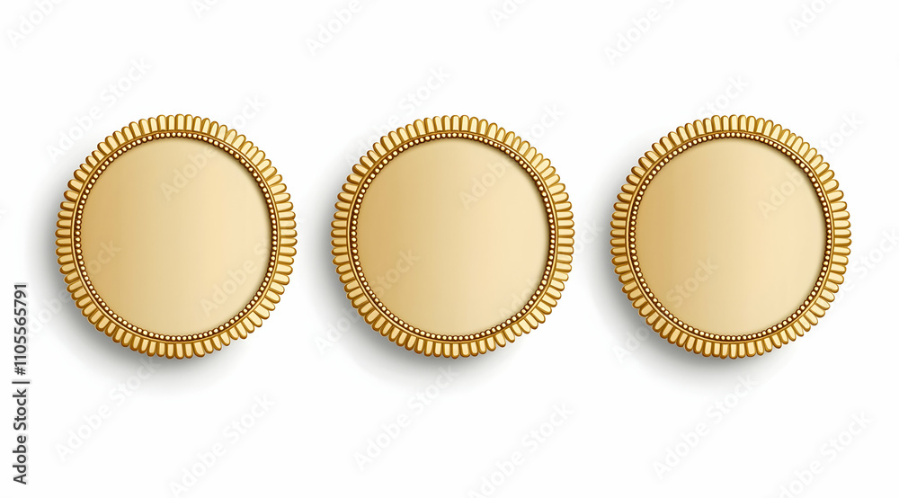 Set of golden, round, and oval-shaped labels, awards, or medal patches with space for text, isolated on a white background. Set of golden, round, and oval-shaped labels, awards, or medal patches with space for text, isolated on a white background.
