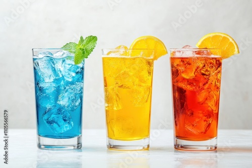 Refreshing colorful cocktails served in tall glasses with ice and garnishes