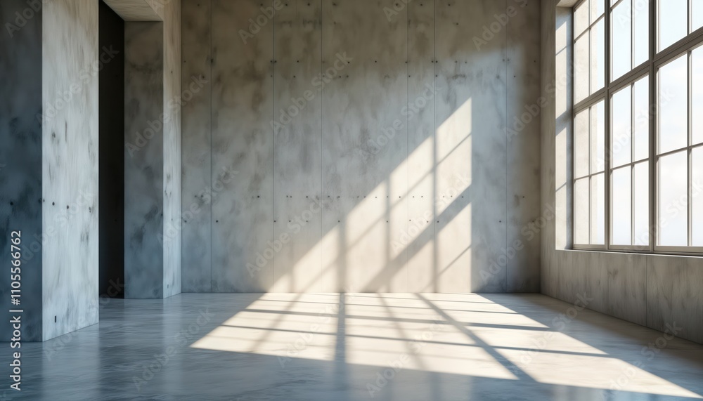 Empty modern interior room with concrete walls, daylight. Sunlight casts shadows on floor. Minimalist design. Urban style. Great for architecture industrial design projects. Contemporary space. Empty modern interior room with concrete walls, daylight. Sunlight casts shadows on floor. Minimalist design. Urban style. Great for architecture industrial design projects. Contemporary space.