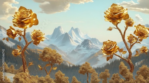 Majestic golden roses grow on trees in valley surrounded by snow-capped mountains. Autumn foliage complements scene. Golden roses stand out against tranquil mountain backdrop. Surreal landscape with