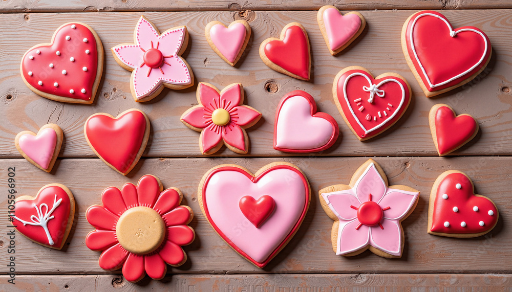 Valentine's Day decorated cookies in heart and flower shapes on wooden background Valentine's Day decorated cookies in heart and flower shapes on wooden background