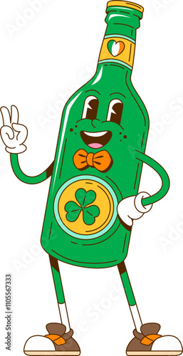 Cartoon retro groovy Saint Patrick day beer bottle, vector funky character. Irish holiday groovy green ale beer bottle with happy face, shamrock clover and Ireland flag St Patrick Day character