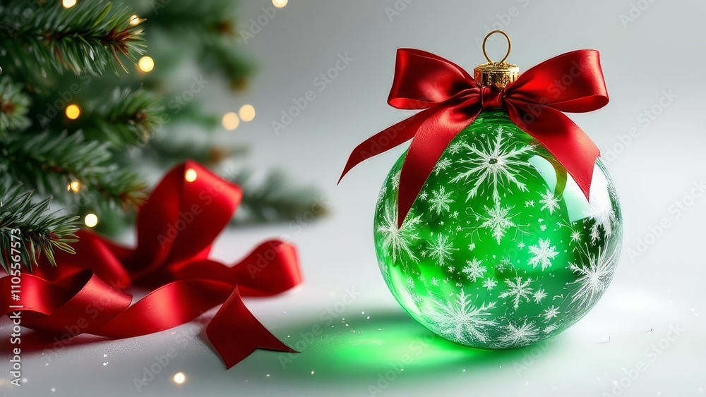 Emerald snowflake ornament, a ribbon bow accents. Festive charm. Emerald snowflake ornament, a ribbon bow accents. Festive charm.
