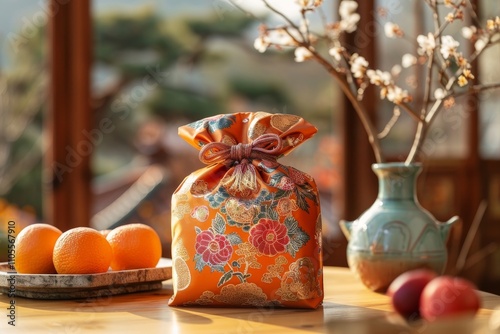 Korean lucky pouch with embroidery, symbolizing prosperity and good fortune photo