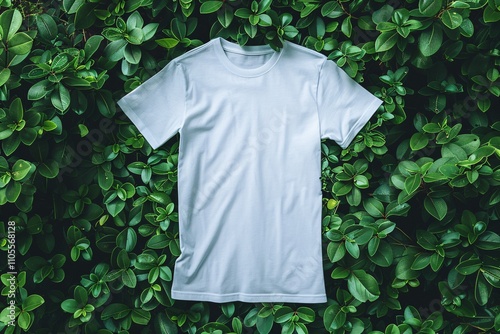 A plain white t-shirt is displayed on a bed of vibrant green leaves, highlighting the contrast between fabric and nature. This setup emphasizes simplicity and eco-friendliness photo