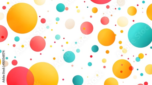 Dynamic polka dot pattern featuring vibrant circles in pink, yellow, turquoise, and orange, arranged in retro pop art style against white background with modern geometric composition.