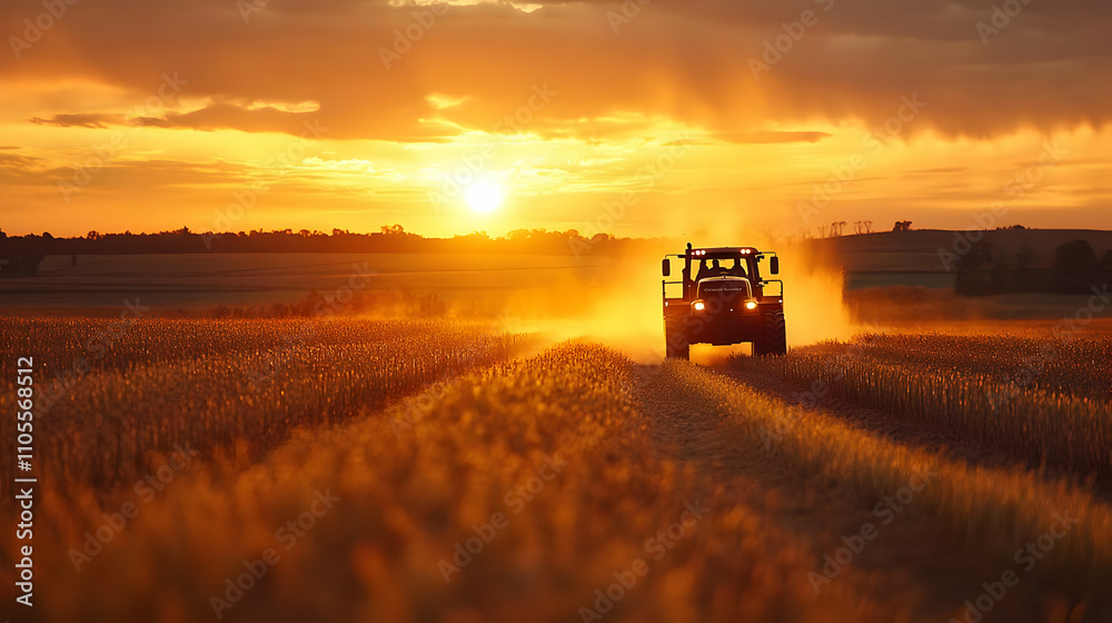 Tractor Drives Through Golden Sunset Field Tractor Drives Through Golden Sunset Field