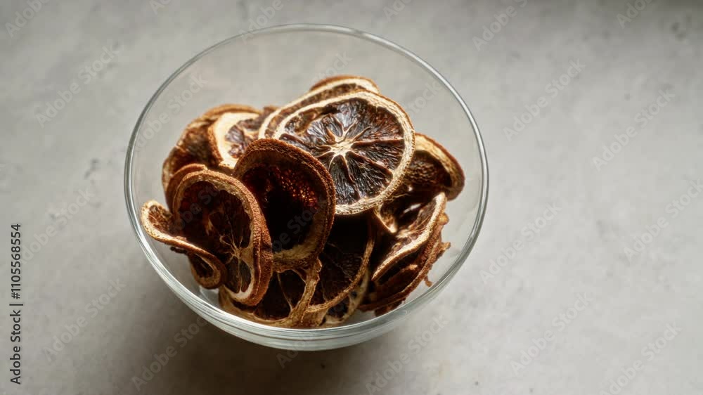 Dried lemon slices in a clear glass bowl on a plain grey surface showcasing healthy food Dried lemon slices in a clear glass bowl on a plain grey surface showcasing healthy food