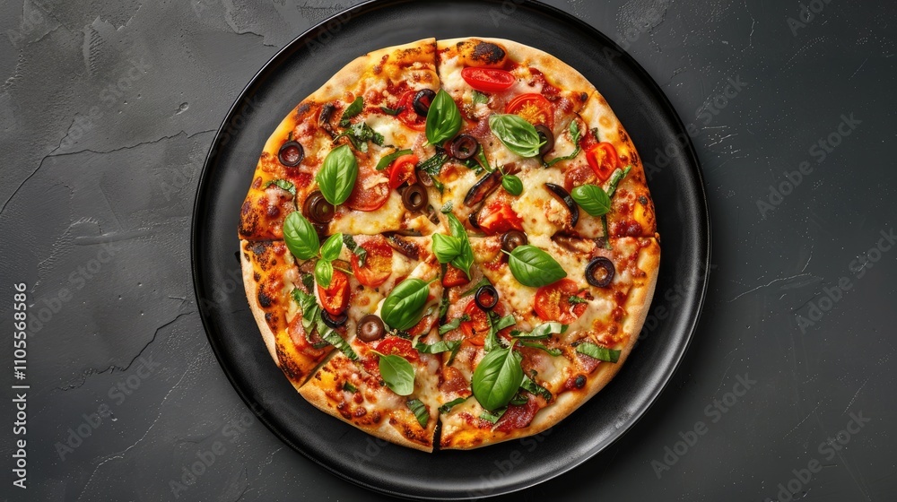 Top view of a tasty pizza on a black plate. Top view of a tasty pizza on a black plate.