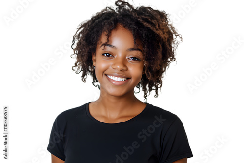 Young woman with curly hair smiling brightly against a white background, portrait photography