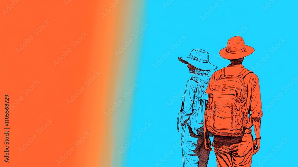 Elderly travelers with backpacks hiking through a national park, immersed in the beauty of diverse flora and fauna around them