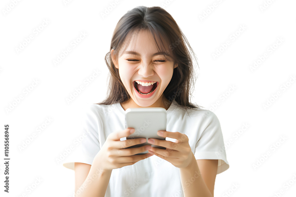 Joyful young woman laughing while using smartphone, expressing happiness and excitement Joyful young woman laughing while using smartphone, expressing happiness and excitement