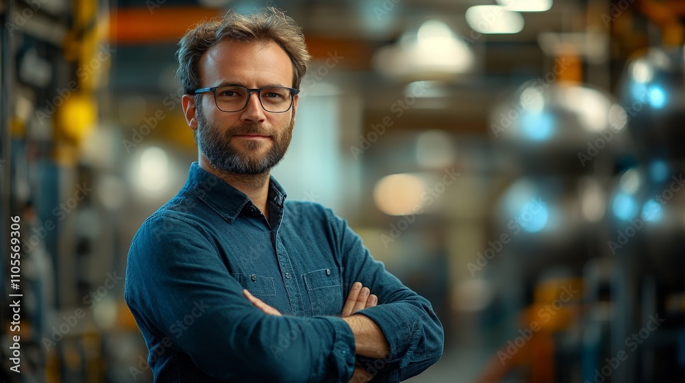 Confident engineer in industrial setting with expertise in focus Confident engineer in industrial setting with expertise in focus