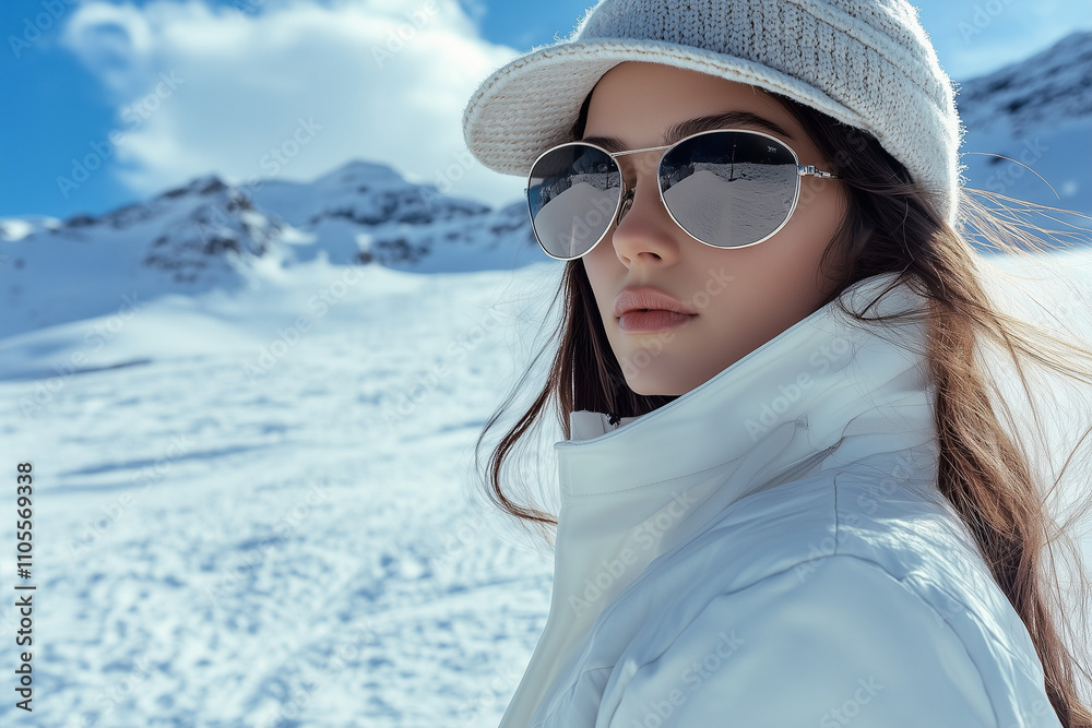 Stylish woman in winter apparel with snowy mountain backdrop Stylish woman in winter apparel with snowy mountain backdrop