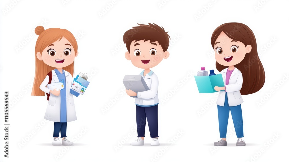Cartoon Characters Engaged in Various Activities in White Background Cartoon Characters Engaged in Various Activities in White Background