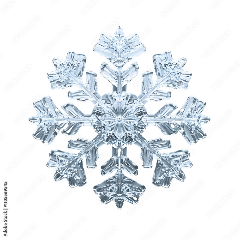 Transparent 3D snowflake with glass-like effect, featuring delicate symmetrical design, frosted edges, and light refraction details against white background with subtle shadows.