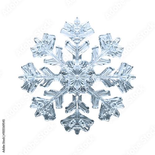 Transparent 3D snowflake with glass-like effect, featuring delicate symmetrical design, frosted edges, and light refraction details against white background with subtle shadows.